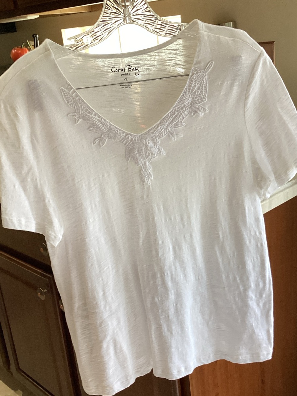 Coral Bay White V-Neck Tee with Lace Applique